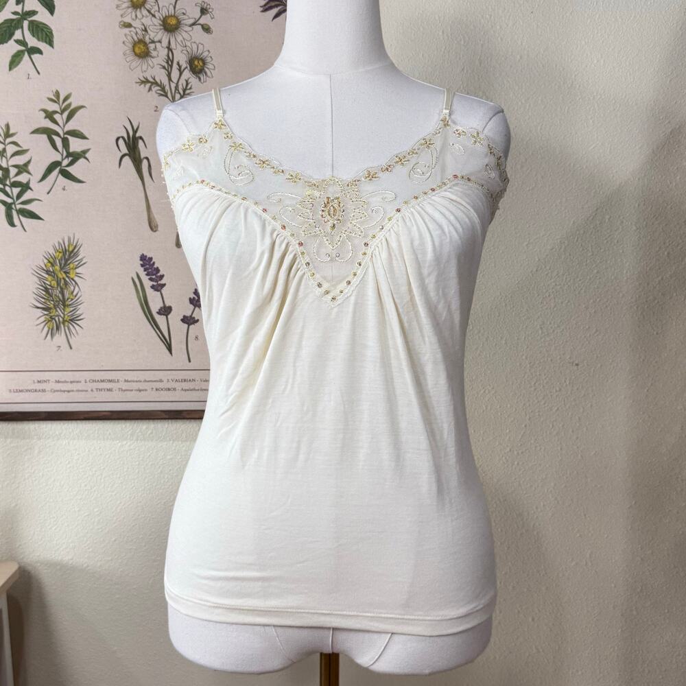Vtg 90s Y2k Cream Beaded Sequin Mesh Cami Top Fairy Coquette Ethereal Forest XL